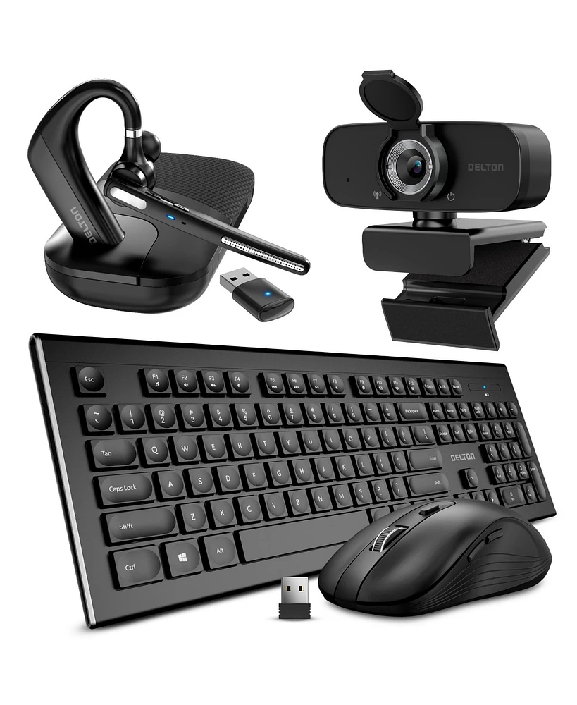 Delton 90X Bluetooth Headset with Usb Dongle, 1080p Usb Webcam with Adjustable Mounting Clip, Wireless Keyboard and Mouse Combo, Compatible with Lapto