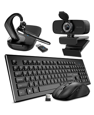 Delton 90X Bluetooth Headset with Usb Dongle, 1080p Usb Webcam with Adjustable Mounting Clip, Wireless Keyboard and Mouse Combo, Compatible with Lapto