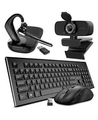 Delton 90x Bluetooth Headset With Usb Dongle 1080p Usb Webcam With Adjustable Mounting Clip Wireless Keyboard Mouse Combo Compatible With Laptop Pc Tablets Smartphone Black