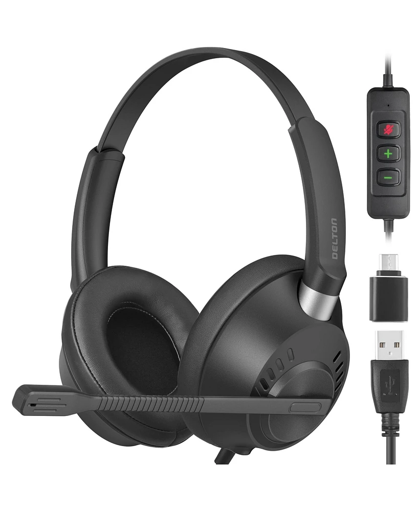Delton 42Y Usb Headset with Mic, Hi-Fi Stereo Sound, Over-Ear Computer Headset with Noise Cancelling Microphone, In-Line Controls, Compatible with Pc,