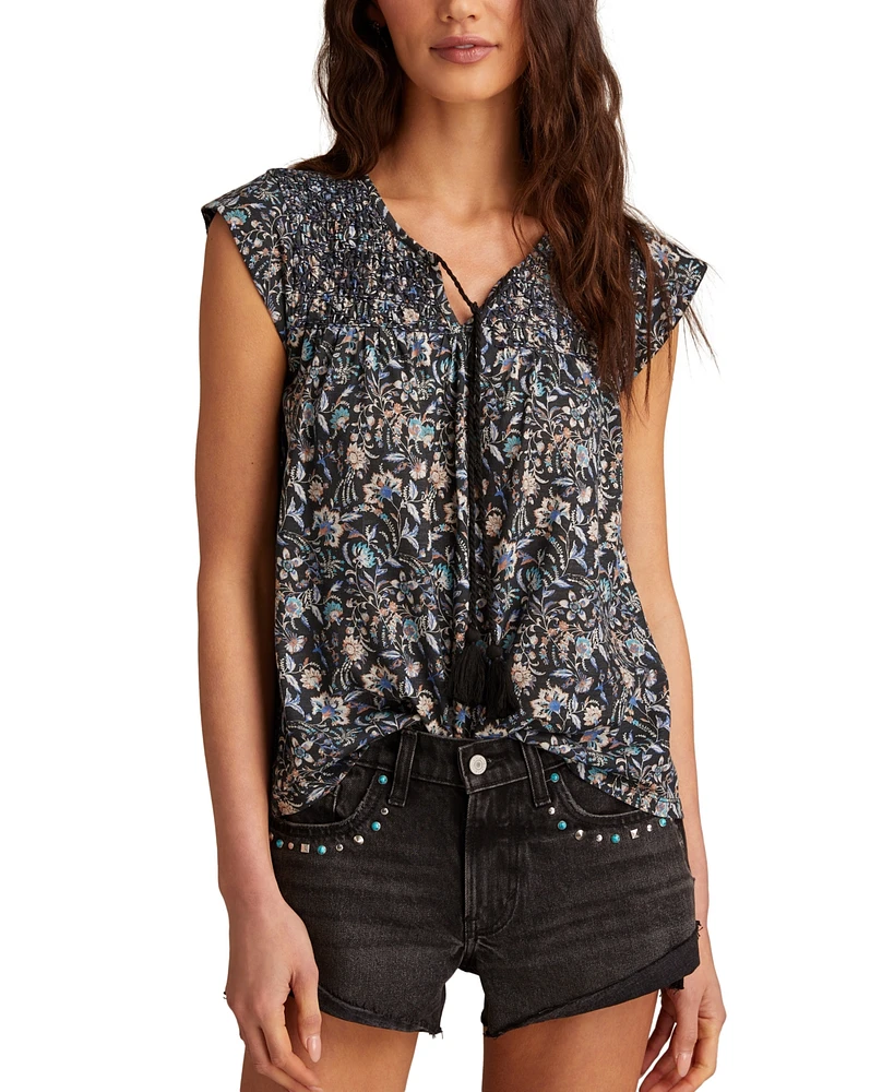 Lucky Brand Women's Floral Smocked Tassel-Tie Top