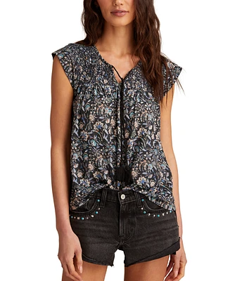 Lucky Brand Women's Floral Smocked Tassel-Tie Top