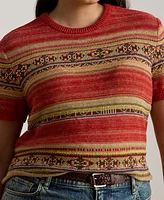 Lauren Ralph Plus Geo-Striped Short-Sleeve Sweater