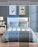 Bebejan Aquamarine Medallion 100% Cotton Sateen 3 Piece Queen Size Reversible Quilted Coverlet Set