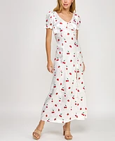 Crystal Doll Juniors' Printed Satin Puff-Sleeve Midi Dress