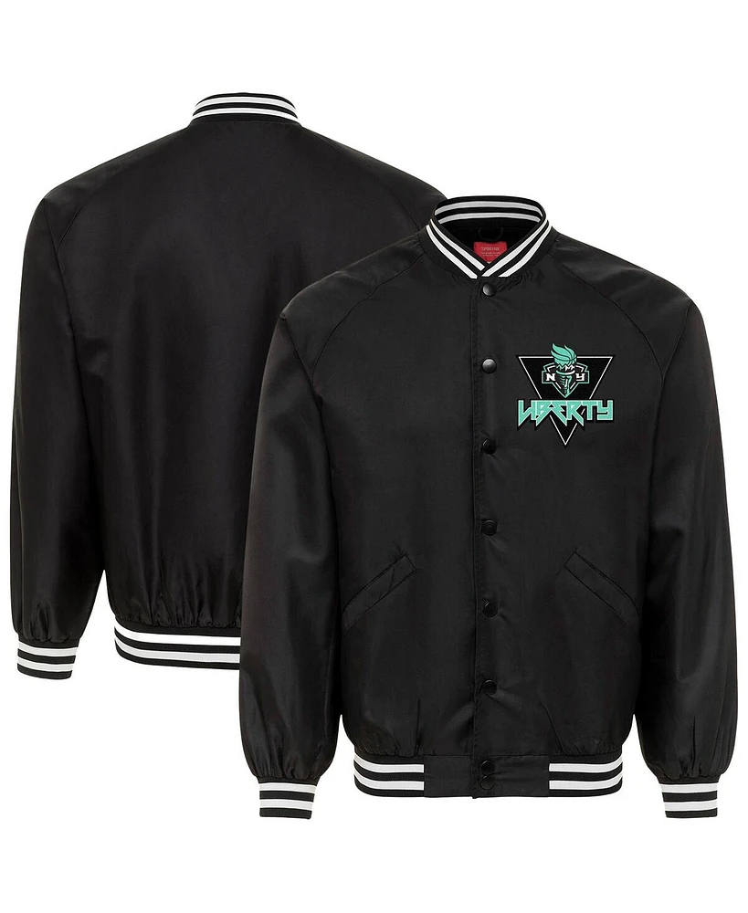 Sportiqe Men's and Women's Black New York Liberty Rock Roll Collection Ringo Satin Raglan Full-Snap Bomber Jacket