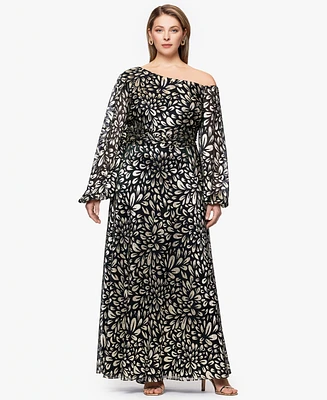 B&A By Betsy and Adam Plus Metallic Printed Long A-Line Dress