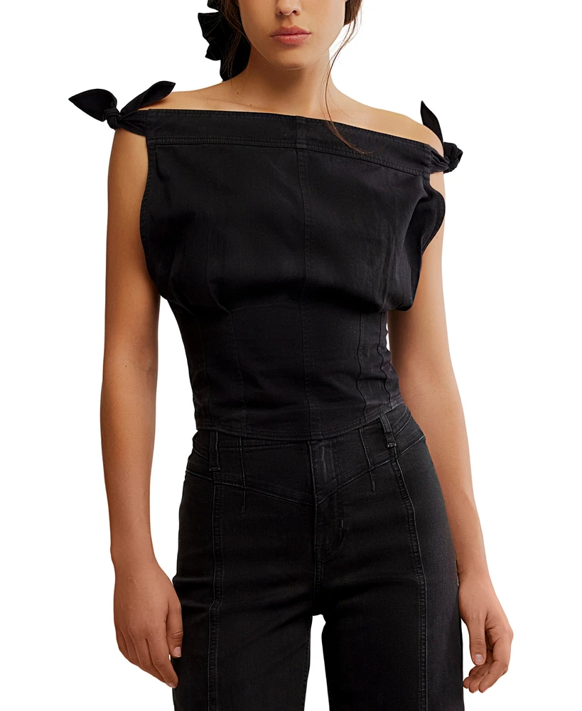 Free People Women's Louie Cotton Denim Tie-Shoulder Top