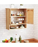 Slickblue Bathroom Wall Cabinet with Adjustable Shelves Open Cube and Rattan Doors