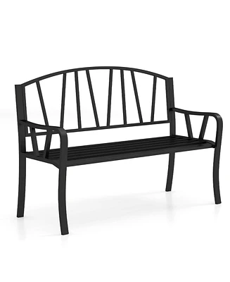 Gymax 51'' Metal Garden Bench Patio Slatted Bench for 2-3 People & Park-Style Loveseat