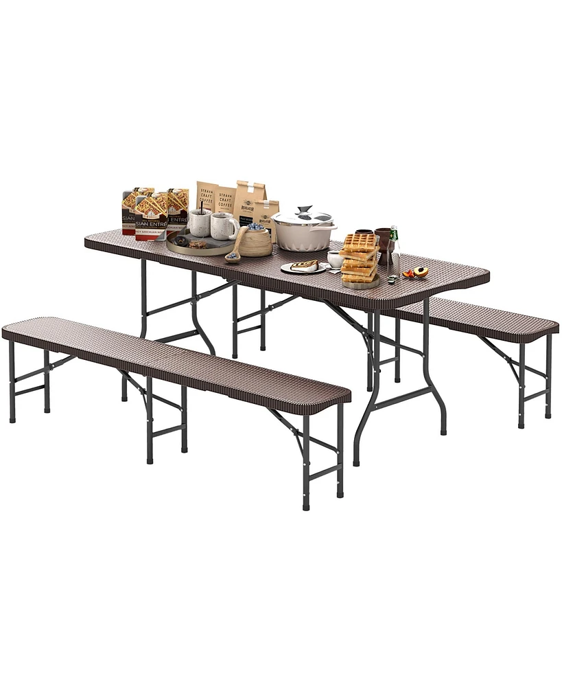 Gymax 3 Piece Folding Picnic Table Set w/ 6 ft Table & 2 Benches for Yard Camping