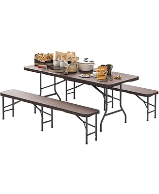Gymax 3 Piece Folding Picnic Table Set w/ 6 ft Table & 2 Benches for Yard Camping