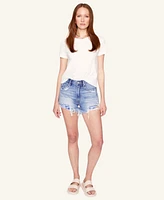 blue revival Women's High-Waisted Bandana Print Pockets Denim Shorts