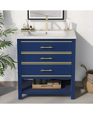 Modern 30inch Navy Blue/White Bathroom Vanity Cabinet Combo with OpenStorge, Two Drawers