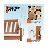 2-Person Hanging Porch Swing Wood Bench with Cushion Curved Back