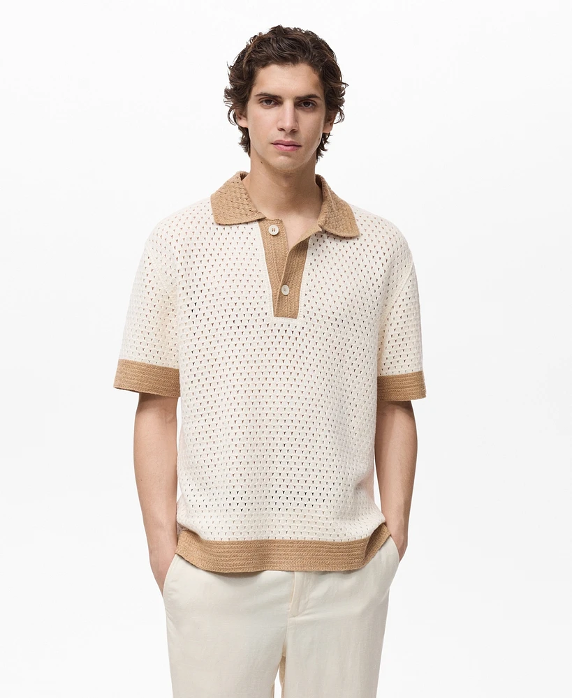 Mango Men's Contrasting Details Openwork Knitted Polo Shirt