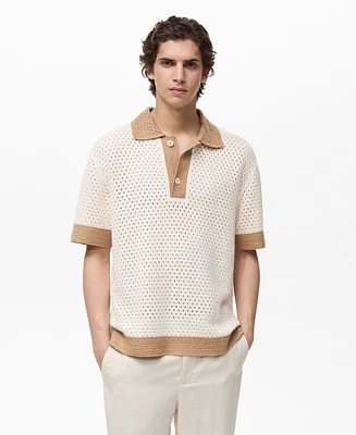 Mango Men's Contrasting Details Openwork Knitted Polo Shirt