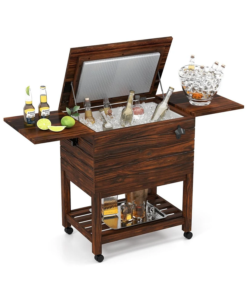 Mecale 54 Quart Wooden Cooler Cart for Patio Rolling Ice Chest with Shelves