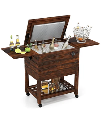 Mecale 54 Quart Wooden Cooler Cart for Patio Rolling Ice Chest with Shelves