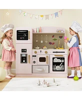 Wooden Kids Kitchen Playset with Chalkboard Ice Maker Sink Lighted Microwave