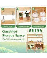 Mud Kitchen Fir Wood Play Kitchen with Canopy and Sink and 4 Stoves