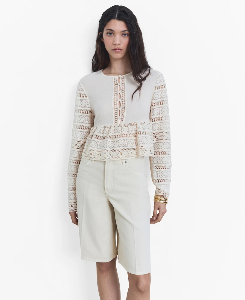 Mango Women's Openwork Details Embroidered Cotton Blouse