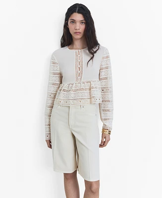 Mango Women's Openwork Details Embroidered Cotton Blouse