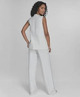 Calvin Klein Womens Faux Denim 3 4 Sleeve Jacket Johnny Collar Sleeveless Sweater Cotton Blend Wide Leg Pants