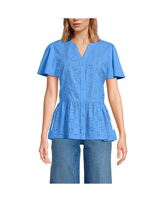 Lands' End Women's Short Sleeve Mixed Media Eyelet Top