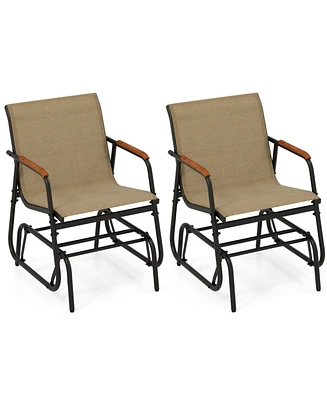 Slickblue Patio Glider Chair Set of 2 with Curved Teak Armrests and Breathable Fabric Seat