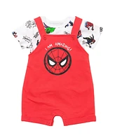 Avengers Baby Boys French Terry Short Overalls T-Shirt and Hat 3 Piece Outfit Set