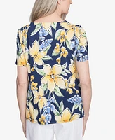 Alfred Dunner Petite Navy Floral Braided Crew Neck Top