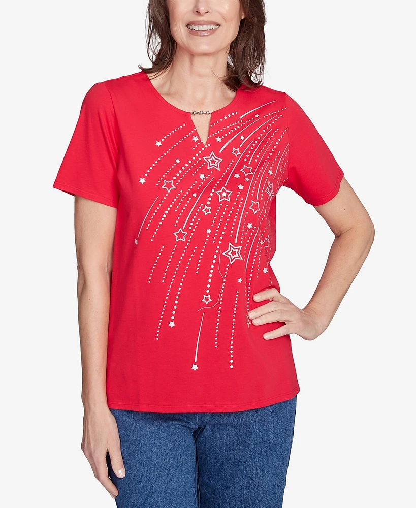 Alfred Dunner Petite Dazzling Shooting Stars with Beaded Split Neck Top