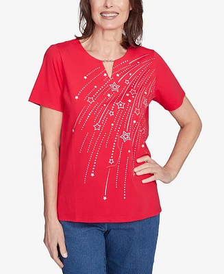 Alfred Dunner Petite Dazzling Shooting Stars with Beaded Split Neck Top