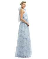 Floral Tie-Back Halter Tulle Dress with Long Full Skirt & Rosette Detail