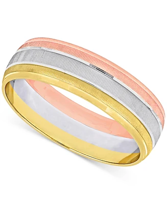 Triple Row Brush Textured Finish Wedding Band 14k Tricolor Gold
