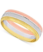 Triple Row Brush Textured Finish Wedding Band 14k Tricolor Gold
