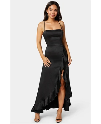 Bebe Women's Satin Ruffle Maxi Lace Up Back