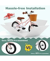 12 Inch Kids Bike Retro Bicycle with Adjustable Height and Basket for Ages 3-8 Years Old