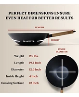 Alva Forest Professional Carbon Steel Wok - 12" Pre-Seasoned, Non-Toxic, Pfoa & Ptfe Free - Works on All Stovetops including Induction