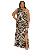 Adrianna Papell Plus Foil-Print Asymmetric Gown