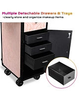 Byootique Rolling Nail Table w/ Makeup Case Cosmetic Organizer Aluminum Pink