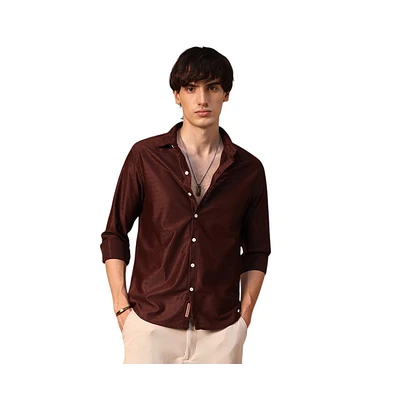 Campus Sutra Men's Chocolate Brown Solid Honeycomb Shirt