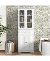 Bathroom Storage Cabinet with 2 Glass Doors and Adjustable Shelves Drawer