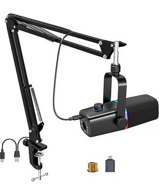 ZealSound Xlr/Usb Dynamic Microphone for Gaming, Podcast, Rgb Light, Mute, Mic Gain, Headphones Jack, Boom Arm Stand for iPhone, Pc, YouTube