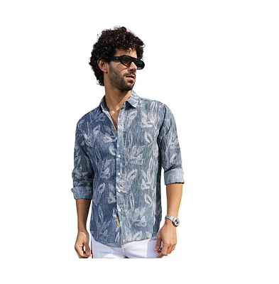 Campus Sutra Men's Steel Blue Stroked-Petals Shirt