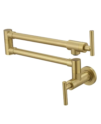 Greenspring Wall Mount Pot Filler Faucet Double-Handle Folding Kitchen Restaurant Sink with Dual Joint Swing Arm Commercial Gold