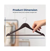 SereneLife 60 Pieces Wooden Hangers - Non-Slip, Sturdy, and Heavy Duty Suit Hanger Set with Chrome 360° Swivel Hook (Brown)