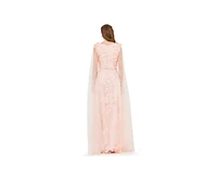 Amri Women's Tulle Cape Sleeve Floral Applique Gown