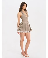 Miss Circle Women's Hazel Brown Preppy Halter Neck Pleated Mini Dress
